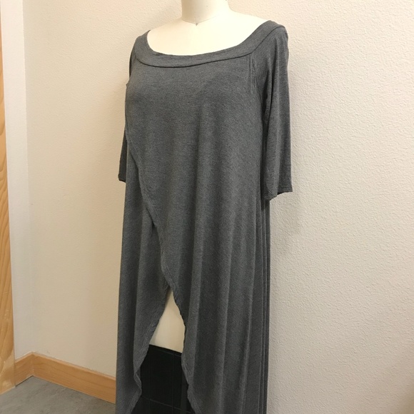 Annabelle Jersey Off The Shoulder Tulip Split Front Tunic In Charcoal Heather - Picture 2 of 9